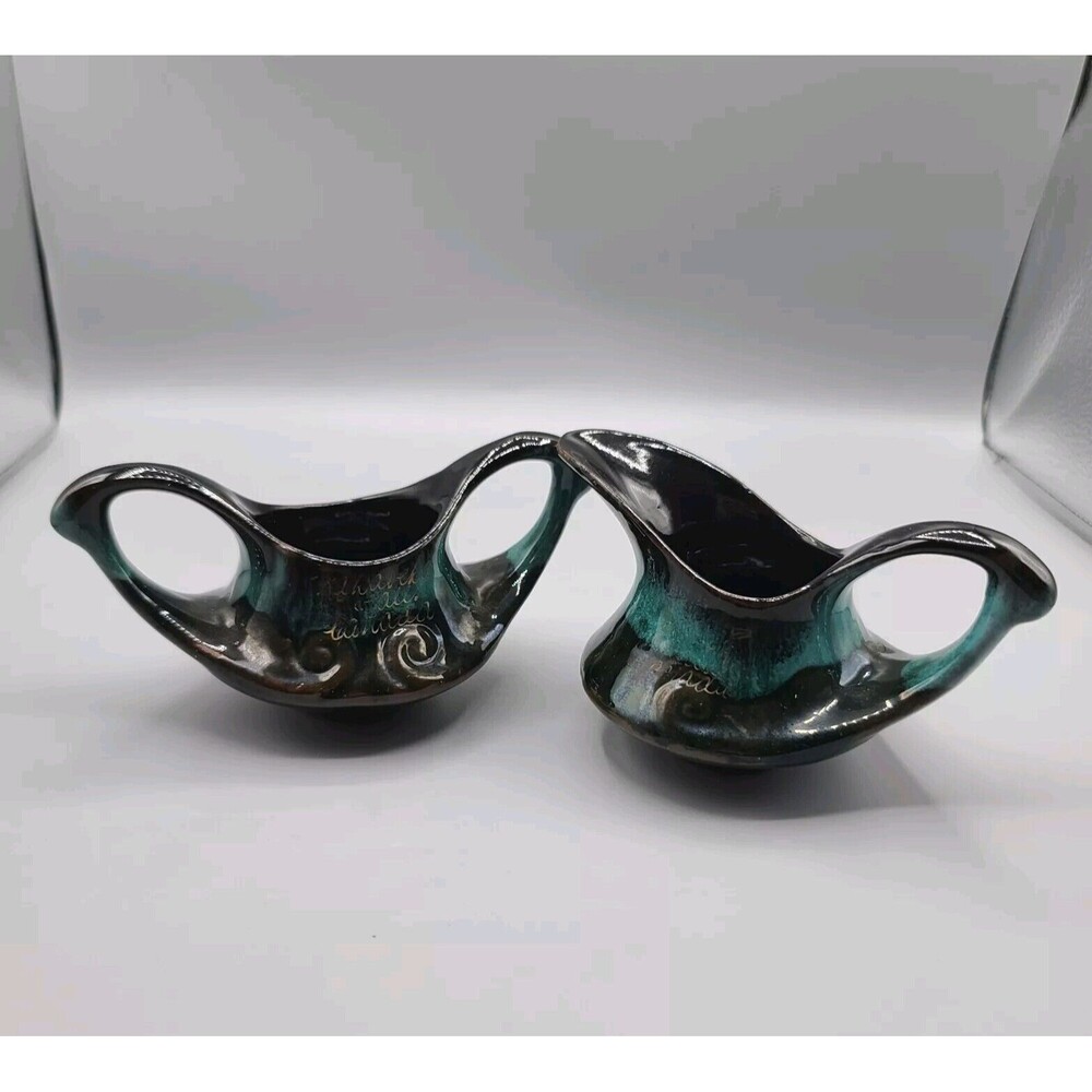 Evangeline Pottery Canada Turquoise Brown Drip Glaze Creamer Sugar Set